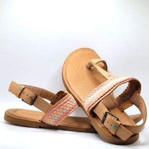 TOMS Sandal Bree Flat Honey T Bar Toe Loop Leather Buckle Women 8.5
